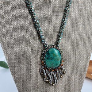 Hand Beaded Turquoise Cobochon Stone Necklace